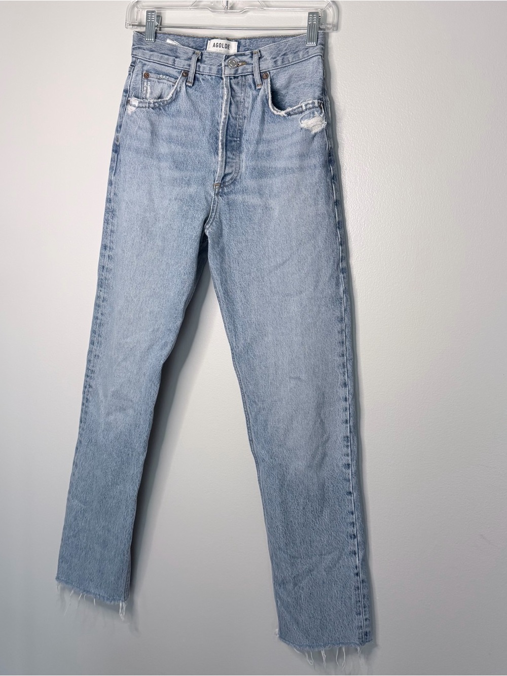 Agolde Light Blue High-Rise Straight Jeans with Distressed Details